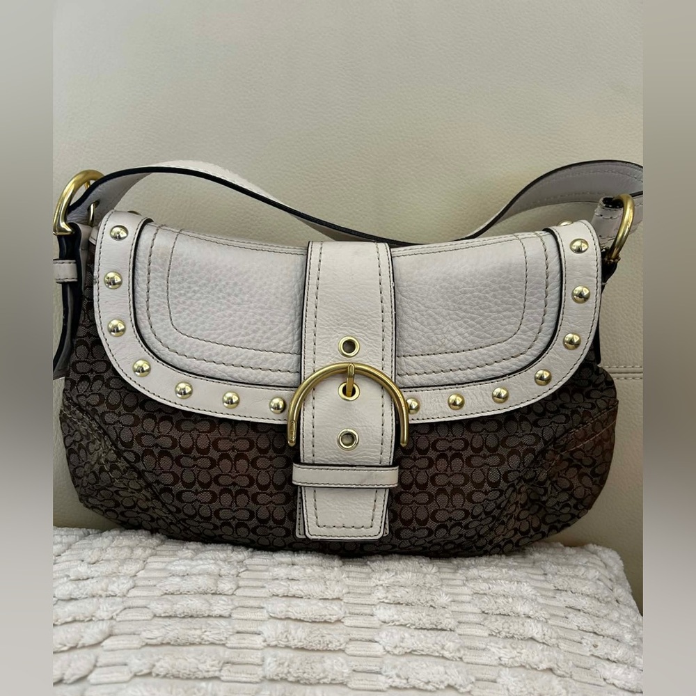 Y2KCoach Signature Canvas Shoulder Bag with Taupe Leather Trim and Gold Hardware